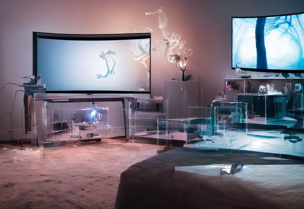 Image similar to curved transparent 3 dtv dragon popping out of tv, volumetric lighting, bedroom, visor, users, pair of keycards on table, bokeh, creterion collection, shot on 7 0 mm, instax