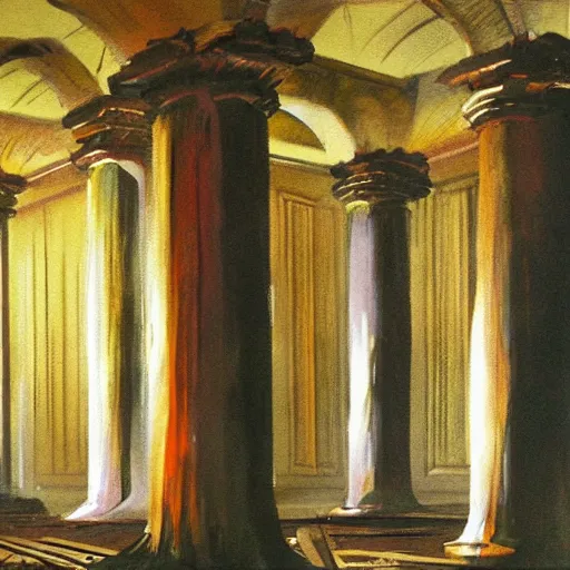 Prompt: painting of a scifi ancient civilzation victorian empty room with pillars, bob peak, alex ross