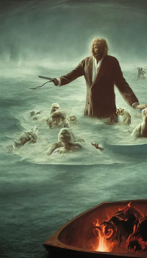 Image similar to man on boat crossing a body of water in hell with creatures in the water, sea of souls, by gottfried helnwein