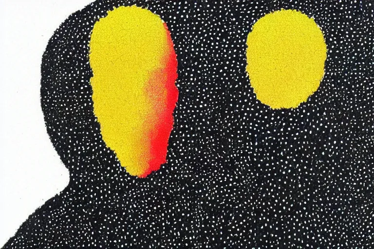 Image similar to black figure, faceless people dark, dots, drip, stipple, pointillism, technical, abstract, minimal, style of francis bacon, asymmetry, pulled apart, cloak, hooded cowl, made of dots, abstract, balaclava, colored dots, sploch