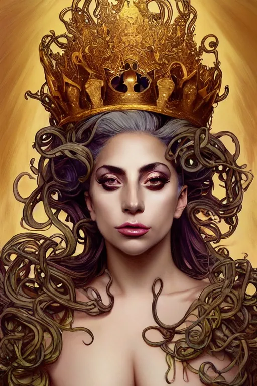 Prompt: Lady Gaga , a golden crown floating above his head, tentacles coming out the ground art by Artgerm and Greg Rutkowski and Alphonse Mucha and Craig Mullins and James Jean and Andrei Riabovitchev and Marc Simonetti and peter mohrbacher, sharp focus, ominous, cosmic horror, trending on artstation, Ultra detailed, hyper realistic 4k