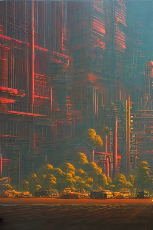 Image similar to downtown tokyo in a redwood solar punk vision, oil on canvas by klaus burgle, simon stalenhag, ultra - realistic 3 d depth shading