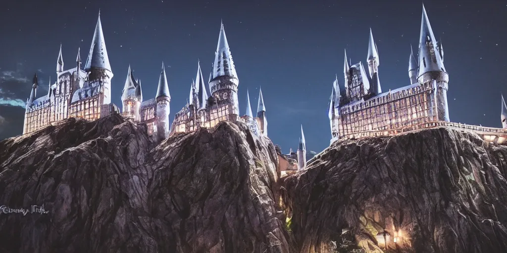 Image similar to insanely detailed long shot of hogwarts castle at night with glowing windows