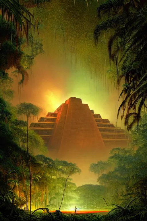 Image similar to a swampy tropical forest with red lightning bugs flying around a ancient mayan ruin designed by zaha hadid, tone mapped, shiny, intricate, cinematic lighting, highly detailed, digital painting, artstation, concept art, smooth, sharp focus, illustration, art by arthur haas and bruce pennington and john schoenherr