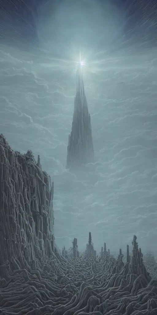 Image similar to space temple to death god, distant view, night sky, well lit sanctum, eerily beautiful, light rays, skeletal architecture, maximalist, awe inspiring, foreboding, ominous, miyazaki style, junji ito style, nausicaa, beksinski, studio ghibli, precise lines, bones , 8k, epic composition, cinematic, artstation, golden ratio,