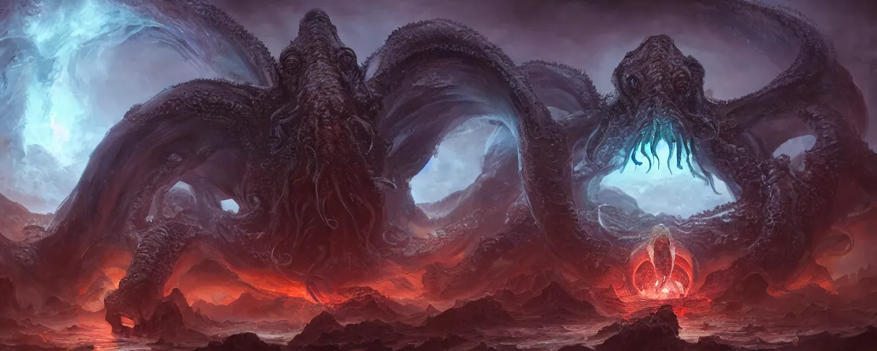 Image similar to gigantic Cthulhu opening a portal to the abyss in the middle of an advanced city, large scale, breathtaking, mixed media, digital art, trending on artstation, 8k, epic composition, highly detailed, AAA graphics