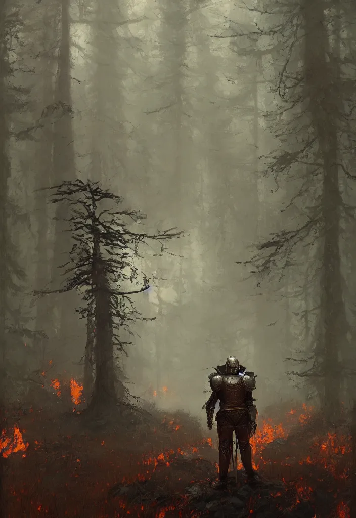 Image similar to a knight in armor standing in a dense burning forest, artstation, jakub rozalski, high detail