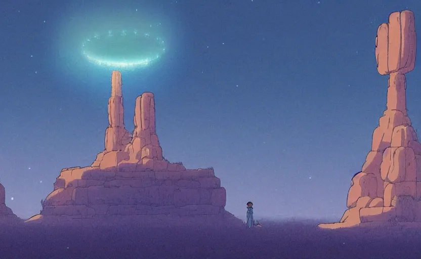 Image similar to a cell - shaded studio ghibli concept art from paprika ( 2 0 0 6 ) of a ufo with lights independence day ( 1 9 9 6 ) sitting on top of a lush temple that looks like monument valley stonehenge jungle on a misty starry night. a giant camel is in the foreground. very dull colors, hd, 4 k, hq