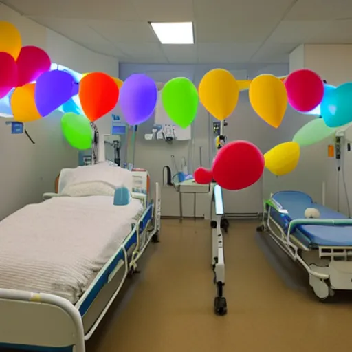 Prompt: a brightly lit hospital room with happy decorations