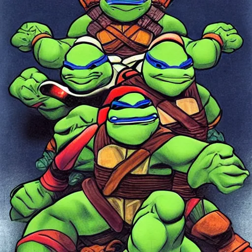 Prompt: the Ninja Turtles, drawn by Michelangelo