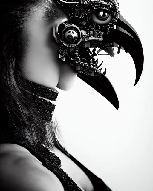 Image similar to a profile portrait, a stunning young woman - cyborg with a mutant crow head, editorial photography, bw, shot on 7 0 mm, depth of field, f / 2. 8, high contrast, 1 6 k, volumetric lighting, shiny, insanely detailed and intricate, hypermaximalist, elegant, ornate, hyper realistic, super detailed