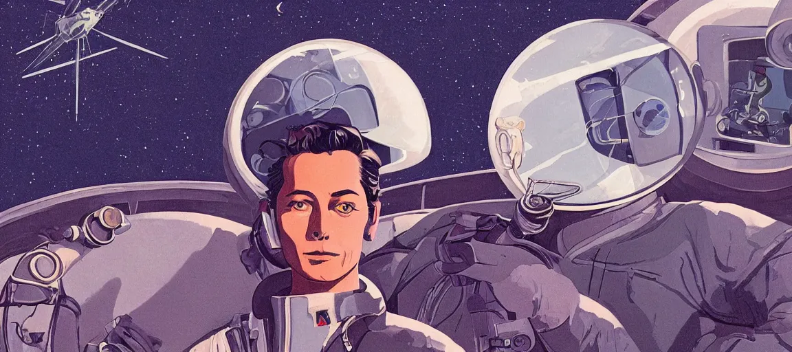 Image similar to a portrait of Alain Delon pilot in spacesuit posing on field forrest spaceship station landing laying lake artillery outer worlds shadows in FANTASTIC PLANET La planète sauvage animation by René Laloux