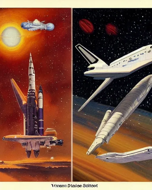 Image similar to a painting of a space shuttle and a space shuttle, concept art by don maitz and by vincent di fate and by robert mccall and by allan brooks and by ron walotsky, trending on pinterest, space art, sci - fi, concept art, redshift