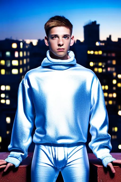Image similar to un ultra high definition studio quality photographic art portrait of a young man standing on the rooftop of a british apartment building wearing soft baggy padded silver iridescent pearlescent clothing. three point light. extremely detailed. golden ratio, ray tracing, volumetric light, shallow depth of field. set dressed.