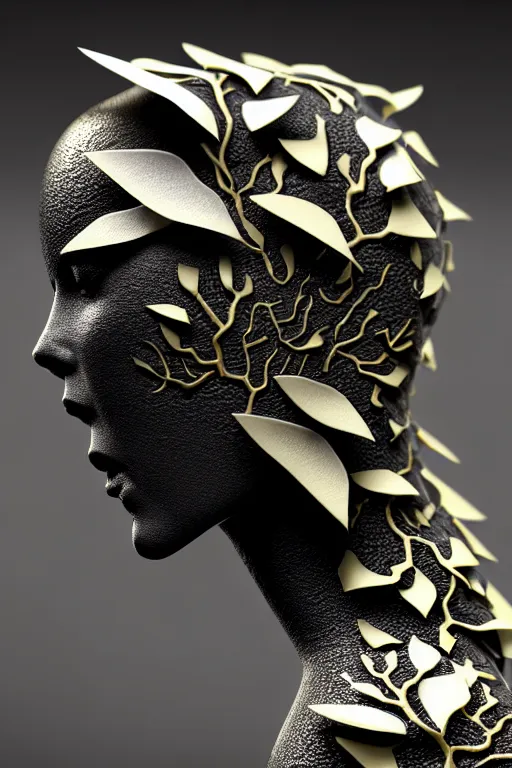 Image similar to monochrome close - up profile face, black background, beautiful young porcelain bio - mechanical vegetal - dragon - cyborg - female, white metallic armour, silver gold details, magnolia leaves and stems, roots, mandelbot fractal, 1 5 0 mm, beautiful natural soft rim light, elegant, hyper real, ultra detailed, octane render, 1 6 k