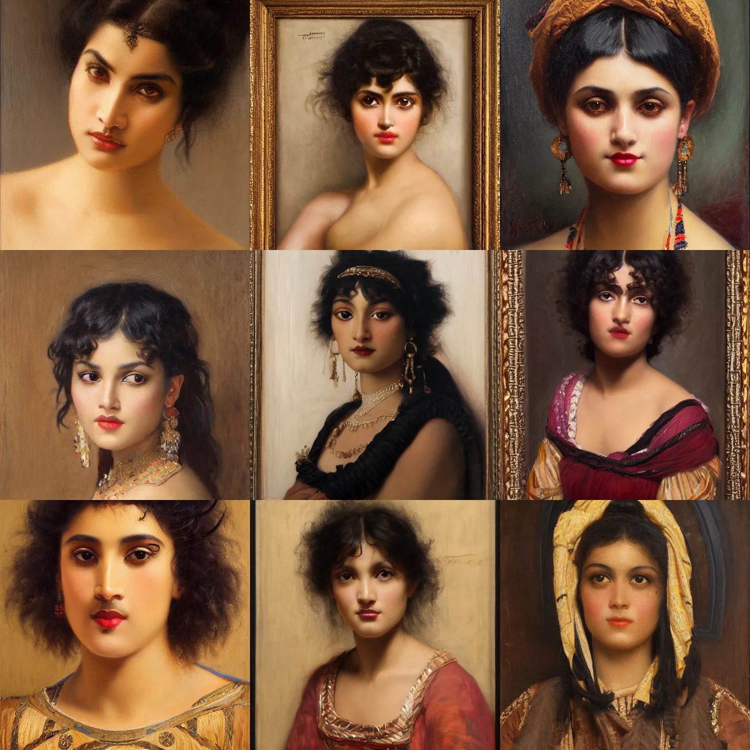 Prompt: orientalism face portrait of a cute woman with black makeup, bangs and curls and brown skin by Edwin Longsden Long and Theodore Ralli and Nasreddine Dinet and Adam Styka, masterful intricate artwork. Oil on canvas, excellent lighting, high detail 8k