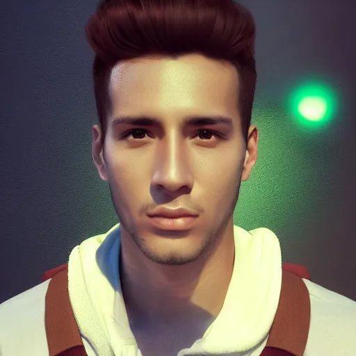 Image similar to portrait art of a good looking young Peruvian man with no facial hair, 8k ultra realistic, lens flare, atmosphere, glow, detailed,intricate, full of colour, cinematic lighting, trending on artstation, 4k, hyperrealistic, focused, extreme details,unreal engine 5, cinematic, masterpiece