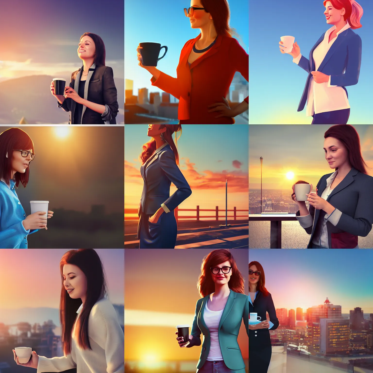 Prompt: a female customer success manager , looking confident, cup of coffe in her hand, bright sunrise in the background, digital art, award winning, trending on artstation, highly detailed, realistic