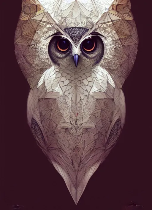 Image similar to portrait of a geometric owl, identical eyes, medium shot, illustration, full body made of white feathers, symmetrical, art stand, super detailed, cinematic lighting, and its detailed and intricate, gorgeous, by peter mohrbacher