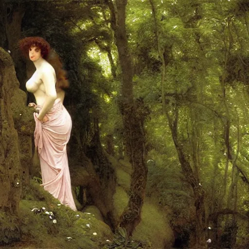 Image similar to a renaissance oil painting by alma tadema of a woman turned back on a stone balcony covered in moss with over shoulder view on a jungle, colourful pastel, detailed academic bouguereau, sharp focus