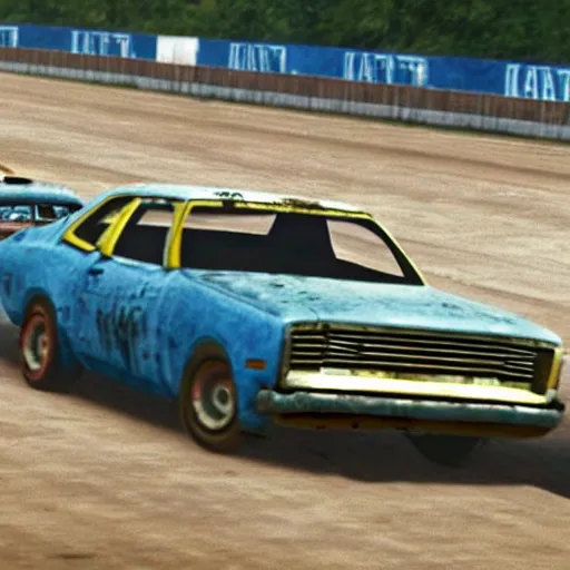 Image similar to A screenshot of a rusty, worn out, broken down, decrepit, run down, dingy, faded chipped paint, tattered, beater 1976 Denim Blue Dodge Aspen in FlatOut 2 on a race track