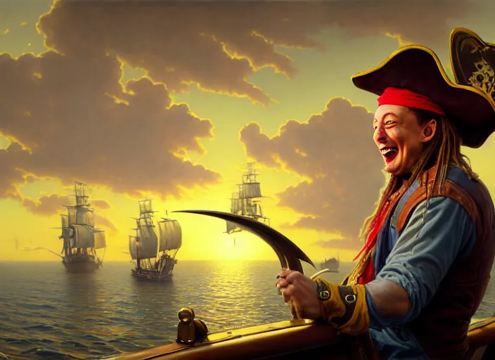 Image similar to highly detailed painting of a laughing Elon Musk as a pirate captain, proudly posing at the helm of his frigate wearing a pirate hat at sunset, artstation, cinematic lighting, hyperdetailed, cgsociety, 8k, high resolution, insanely detailed and intricate, concept art, smooth, sharp focus, illustration, art by Peter Mohrbacher and Alphonse Mucha, masterpiece