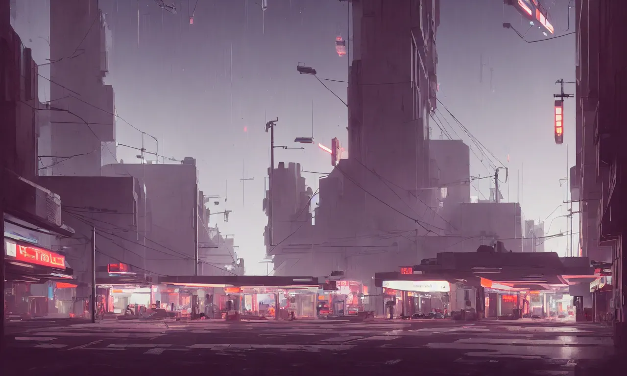 Image similar to streetscape, simple brutalist architecture, white neon lights, neon signs, flying vehicles, pedestrians, greg rutkowski, syd mead, ralph mcquarrie, concept art, matte painting, finely detailed, minimal artifacts, rule of thirds, dynamic lighting, cinematic, denoised, centered, artstation