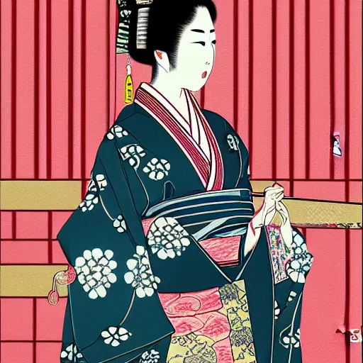 Prompt: a photo of a japanese woman wearing traditional royal outfit depicted in japanese style art oil painting 4k smooth detailed