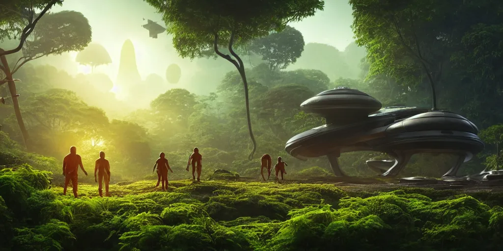 Image similar to a huge futuristic rusty old alien spaceship, next to it a smaller exploration ship on a landing pad, surrounded by a lush alen jungle, in the foreground two explorers are arguing next to tiny animals!!, the animals are walking around, dawn, volumetric light, hyperdetailed, artstation, cgsociety, 8k