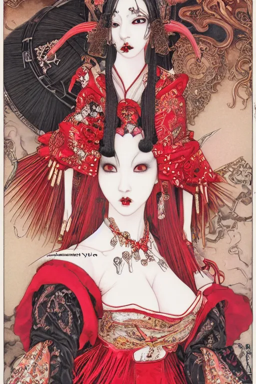 Prompt: thoth tarot card of an avant - garde japanese bjd geisha vampire queen in a victorian red dress in the style of dark - fantasy lolita fashion painted by yoshitaka amano, takato yamamoto, ayami kojima, dmt art, symmetrical vogue face portrait, intricate detail, artstation, cgsociety, artgerm, gold skulls, rococo