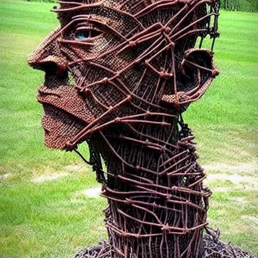 Image similar to sculpture made out of rusty barbed wire.