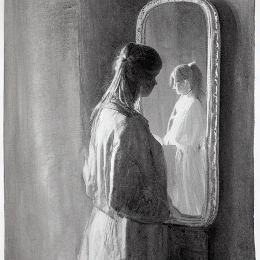 Image similar to painting representing an alone girl in her room looking at herself in the mirror in the style of Anders Zorn