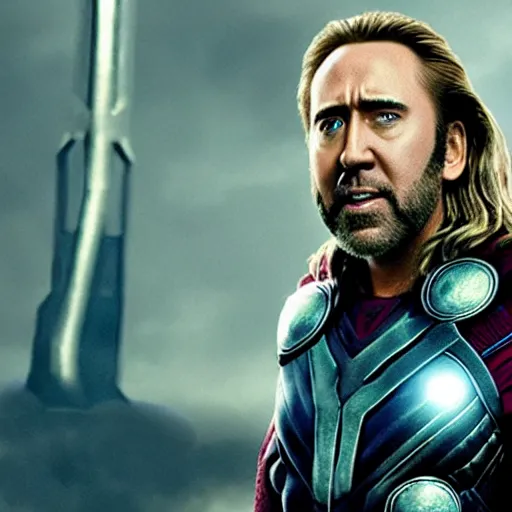 Image similar to film still of Nic Cage as Thor in Avengers Endgame