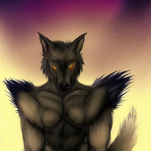 Image similar to a beautiful werewolf at night, kawacy, backlighting, furry art