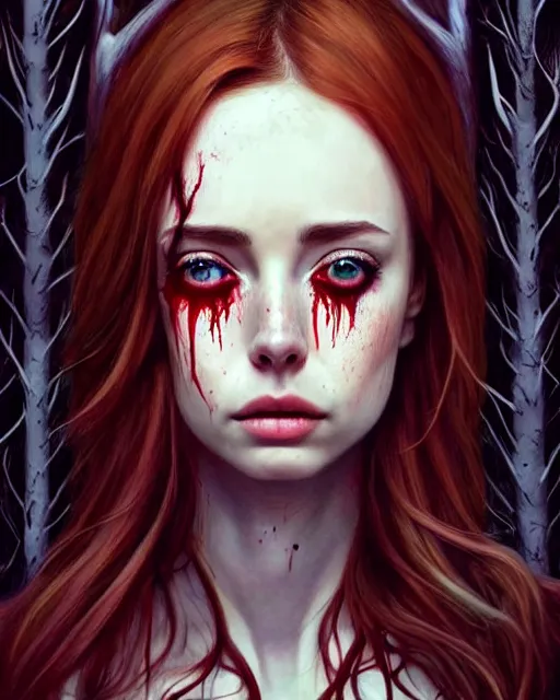 Prompt: surrounded by trees, realistic character concept, gorgeous Kacey Rohl, red hair, small freckles, Wendigo antlers, symmetrical face, symmetrical eyes, full body, covered in blood, dark forest, trees, shorter neck, cinematic lighting, Joshua Middleton and artgerm, fear anxiety terror