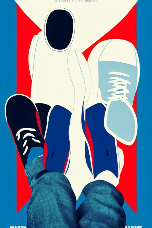 Image similar to minimal movie poster, mismatched red and blue shoes, dramatic