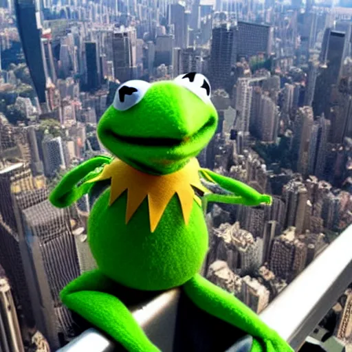 Image similar to kermit the frog scaling the empire state building like hong kong