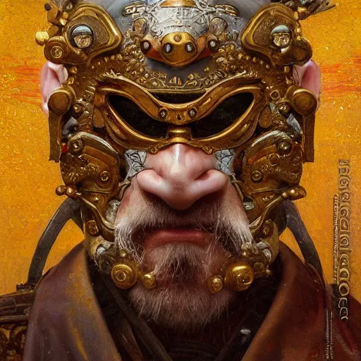 Image similar to highly detailed oil painting | very intricate | cinematic lighting | award - winning | a mosaic of oni samurai masks | by roberto ferri, by tom bagshaw, by j. c. leyendecker and klimt, beautiful cinematic light, american romanticism, by austin osman spare, artstation, cgsociety, official art, octane