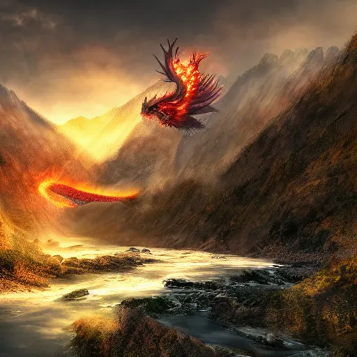 Image similar to realistic dragon breathing fire on a river below, photorealistic, photo, vivid, mountains, fog, digital art