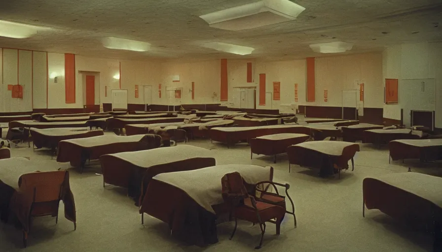 Image similar to 60s movie still of a sovietic stalinist style empty ballroom with beds, cinestill 800t 50mm eastmancolor, liminal Space style, heavy grain-s 150