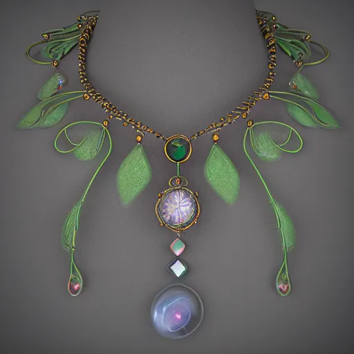 Prompt: intricate! organic, nordic wedding ring, necklace, gemstones, dreamy floral background, 3 d, refraction, occlusion, lower and upper levels, keyshot render, octane render, vray render