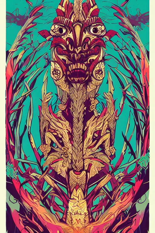 Image similar to animal mask totem roots flower tribal feather gemstone plant wood rock shaman vodoo video game vector cutout illustration vivid multicolor borderlands comics by josan gonzales and dan mumford radiating a glowing aura