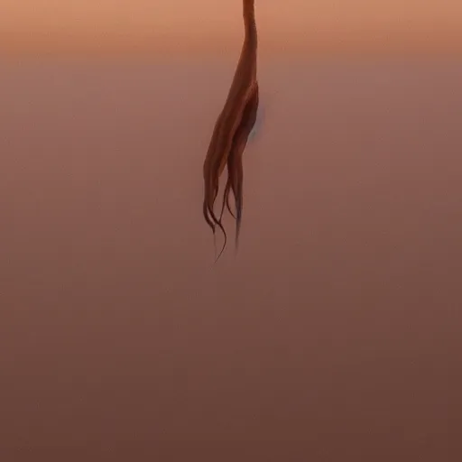 Image similar to a giant squid octopus chimea hanging from the clouds over a desert with beautiful dunes, still from the movie the arrival, 8k