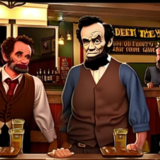 Image similar to The It's Always Sunny in Philadelphia episode where the gang meets Abe Lincoln Dee is there with Mac and so is Dennis they are at the bar, photo realistic, studio lighting, It's Always Sunny in Philadelphia