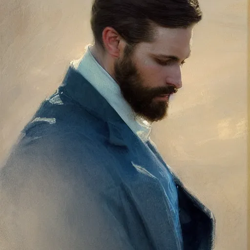 Image similar to detailed cinematic wide shot of beautiful attractive young man pericing white suit light brown hair thick beard slim face symettrical face clean skin blue eyes black clothes, ultra realistic, in sea, spring light, painting by gaston bussiere, craig mullins, j. c. leyendecker