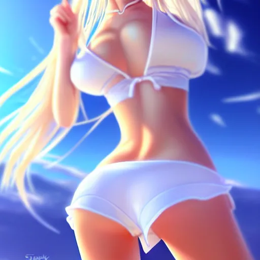 Image similar to tiny father a tall daughter picture : a very beautiful young blond anime girl, sky blue eyes, bikini, white miniskirt, highly detailed, cinematic wallpaper by stanley artgerm lau