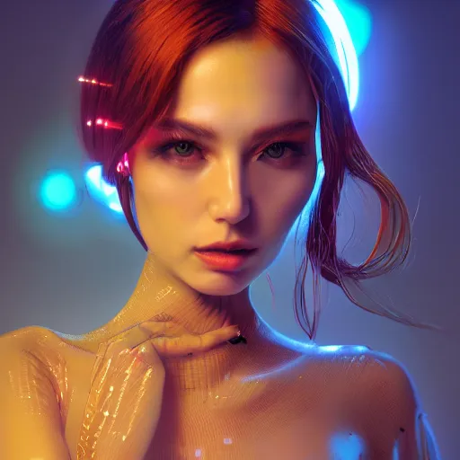 Image similar to the portrait of an absurdly beautiful, graceful, elegant, sophisticated, fashionable cyberpunk gravure idol, an ultrafine hyperdetailed illustration by irakli nadar, intricate linework, bright colors, porcelain skin, unreal engine 5 highly rendered, global illumination, radiant light, detailed and intricate environment