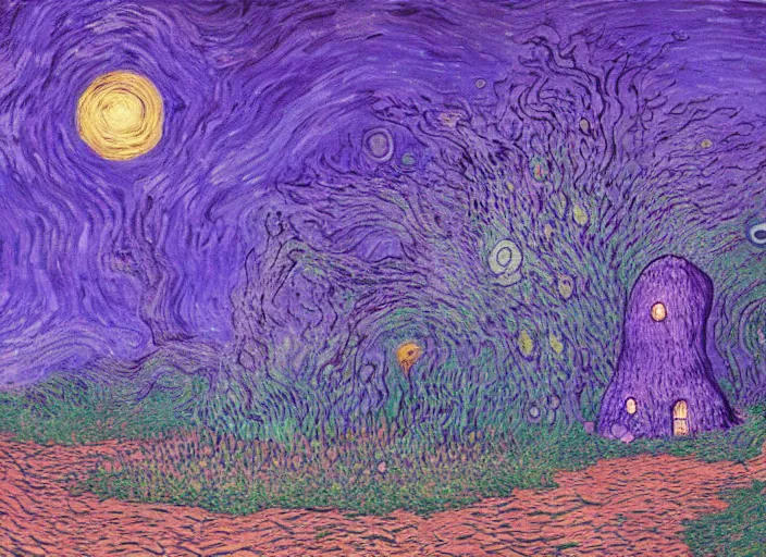 Image similar to detailed painting of a fungal house made of a giant purple mushroom, mystical dark purple landscape at night, dark purple sky, blue bioluminescent life, in the style of moebius and studio ghibli and vincent van gogh and claude monet