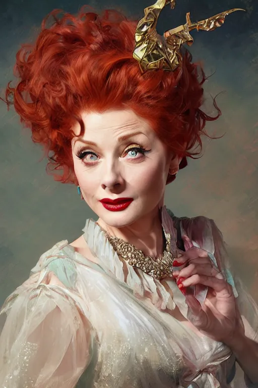 Image similar to Lucille Ball portrait, fantasy, elegant, intricate, by Stanley Artgerm Lau, greg rutkowski, thomas kindkade, alphonse mucha, loish, norman Rockwell