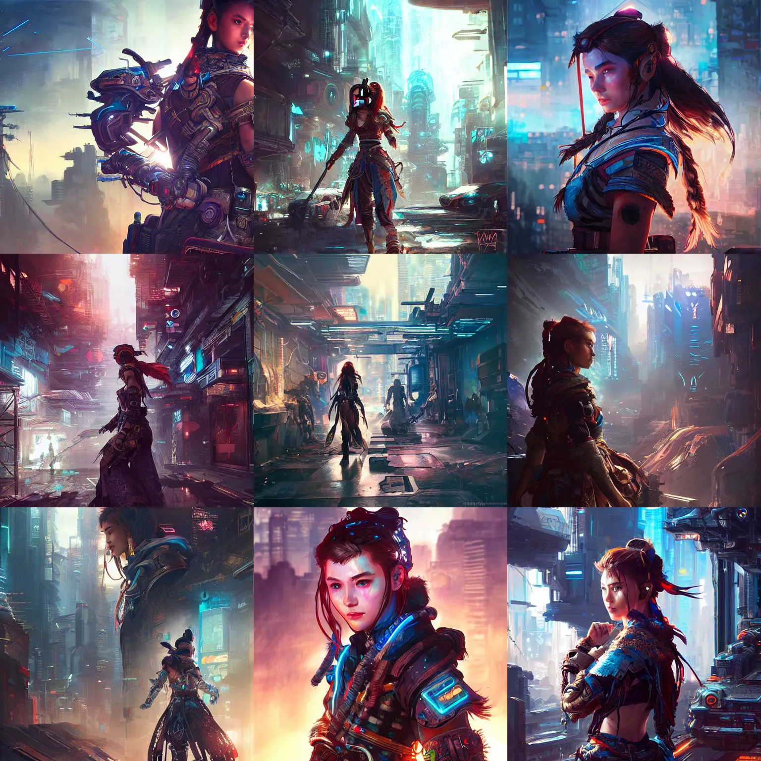 Prompt: a cyberpunk painting of aloy, rossdraws, artgerm, highly detailed, atmospheric lighting, intricate environment, augmented reality